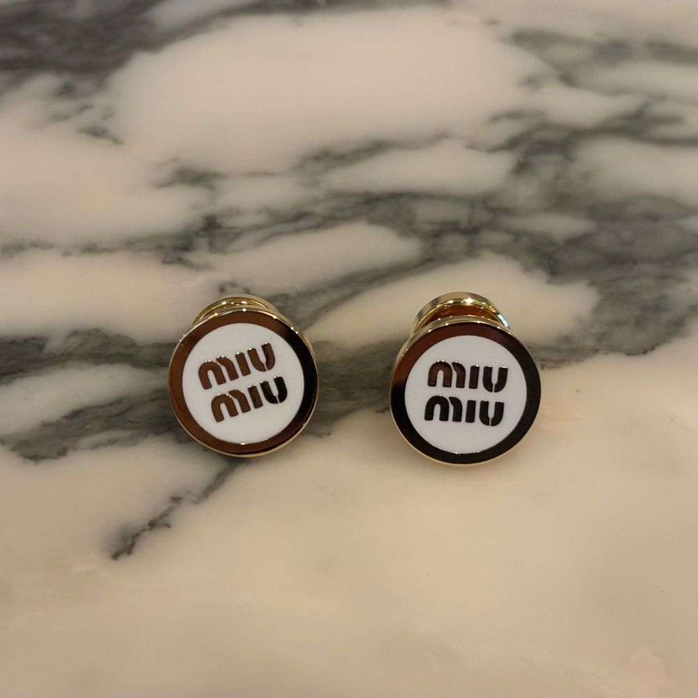 Miu Miu Gold & White Enamel Logo Stud Earrings